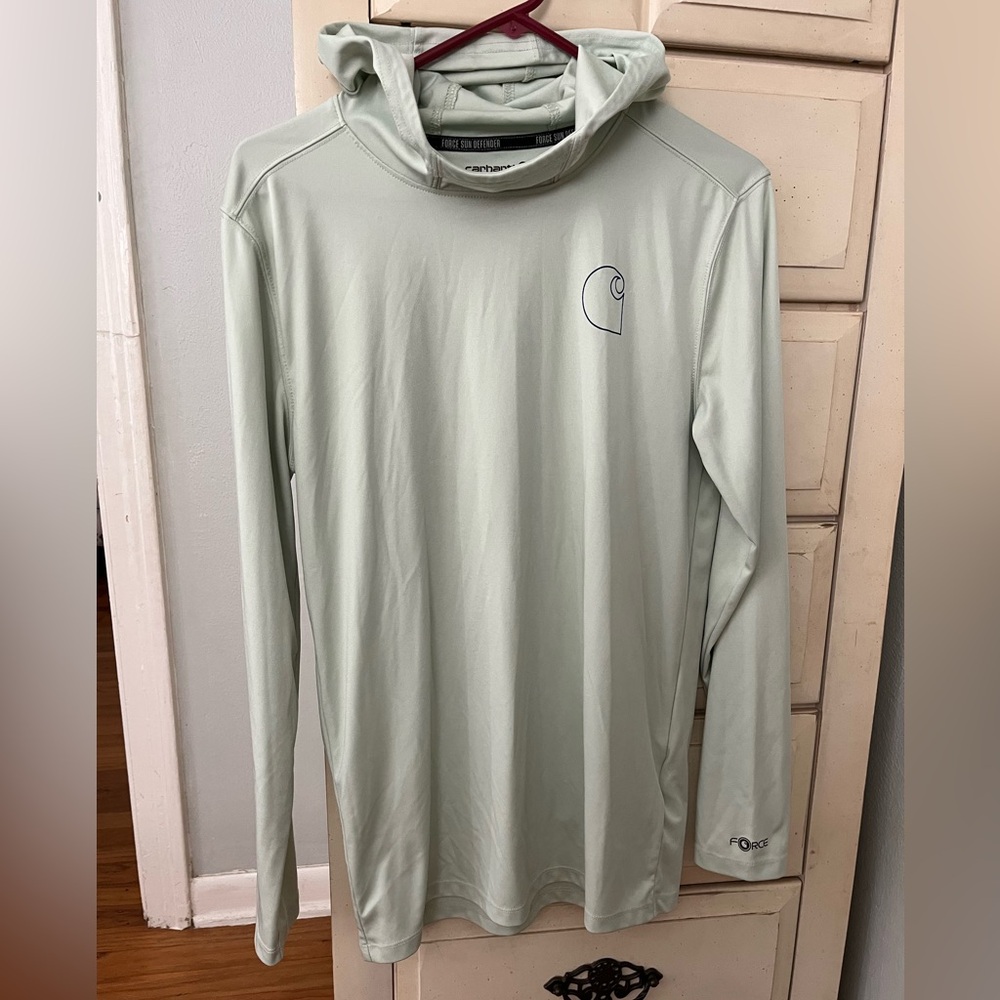 Carhartt Force Sun Defender Shirt with hood in light green.